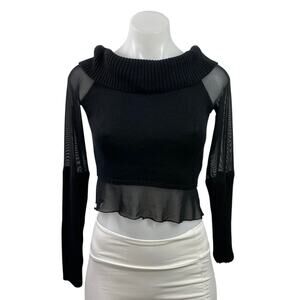 Current Mood Black Long Sleeve Semi Sheer Mesh Ribbed Knit Crop Top Size XS/S